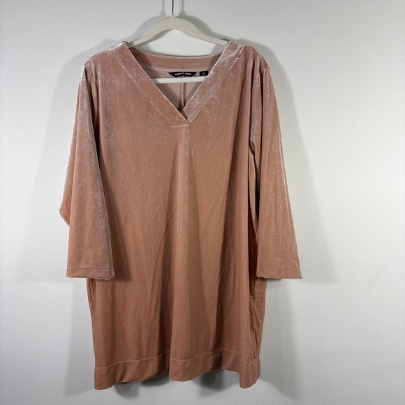 Lands' End Velvet Tunic Top Women's 1x 16-18 Dusty Pink 3/4 Sleeve VNeck Stretch - Picture 1 of 9